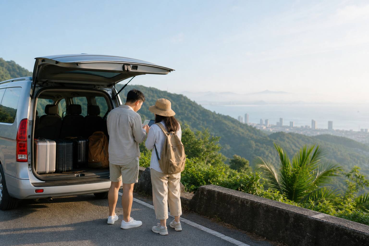 旅客在越南包車旁確認路線與行李安排