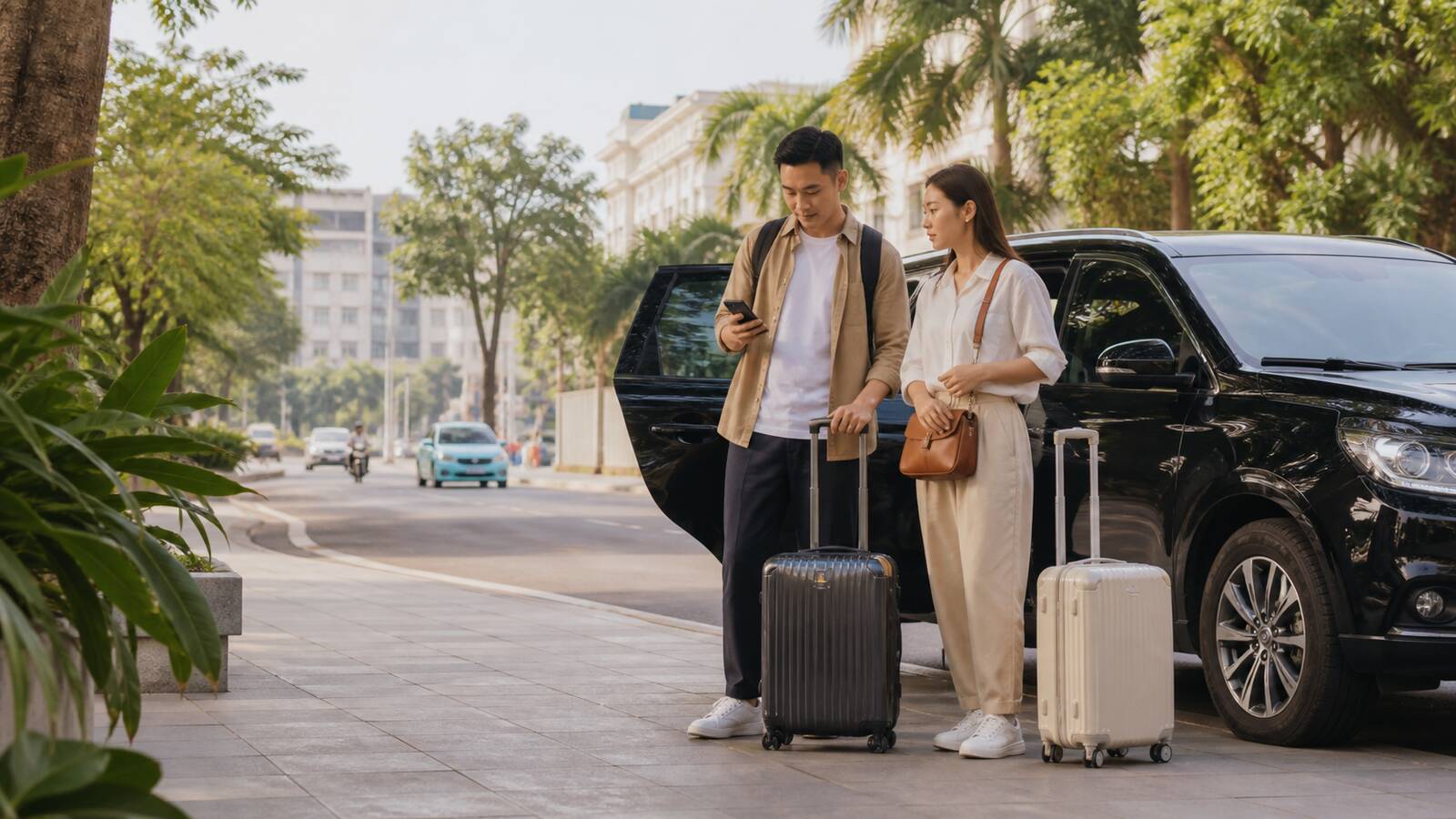 兩名旅客在越南城市路邊核對接送資訊並保管隨身行李的示意情境
