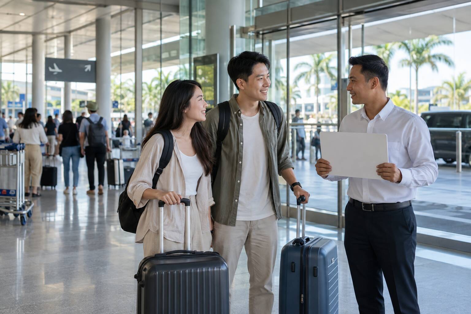 兩位旅客在越南機場抵達大廳與手持接機牌的司機確認機場接送資訊示意情境