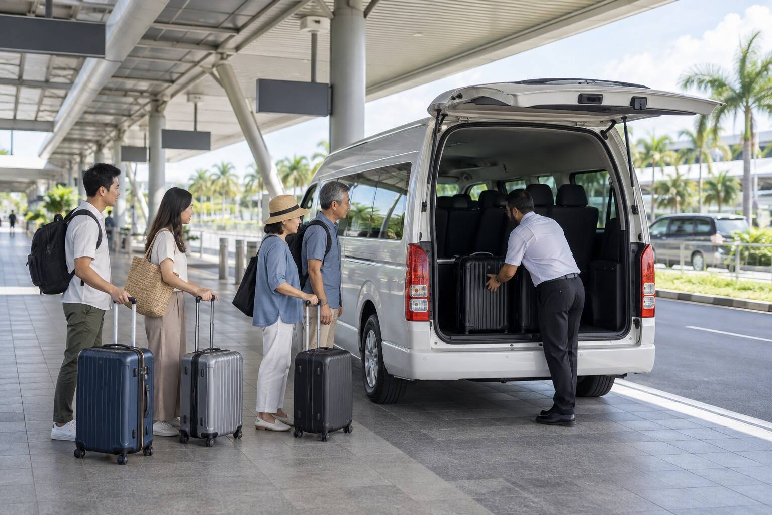 四位旅客在機場接送區確認廂型車後車廂能否容納四件行李的示意情境
