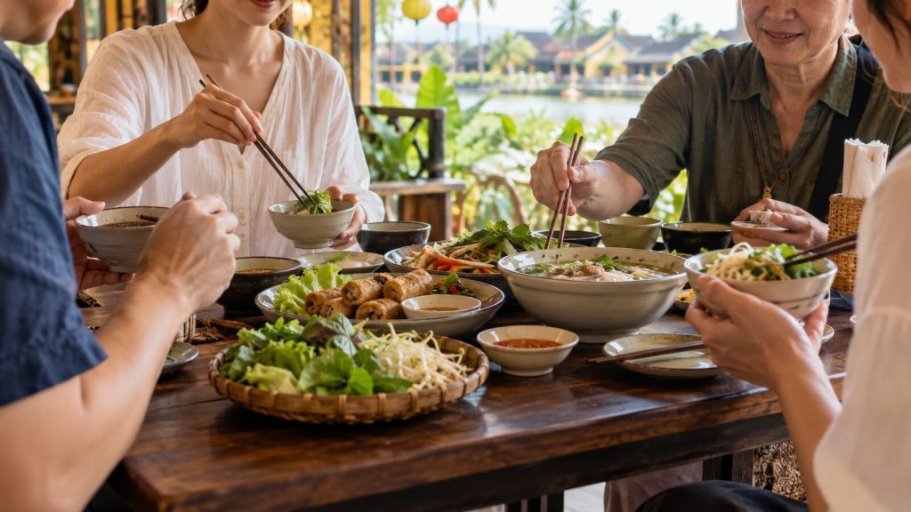 一家人在越南風格餐桌分享湯麵、春捲與蔬菜料理的用餐情境示意圖