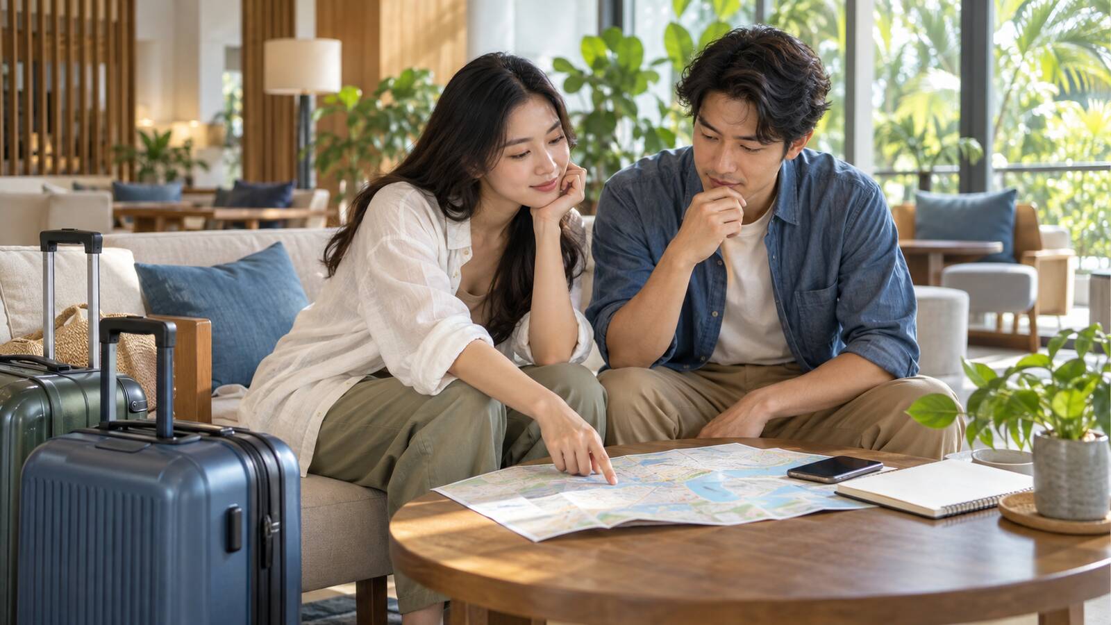 兩位旅客帶著行李在住宿空間內查看地圖並選擇越南住宿區域的示意情境