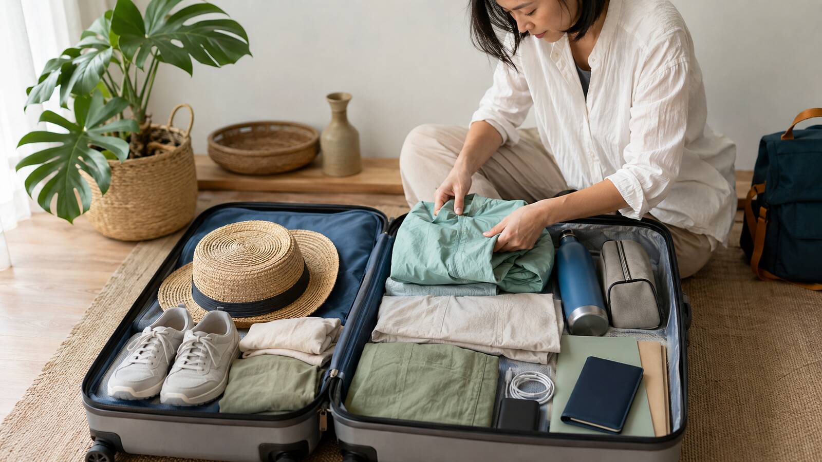 旅客在家中整理越南旅行衣物、鞋帽與隨身用品的打包示意情境