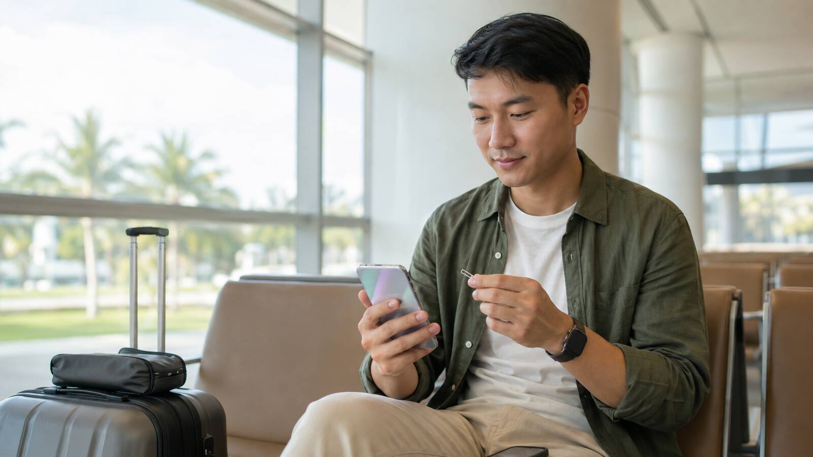 旅客在機場座位操作手機並準備 SIM 卡工具的上網設定示意情境