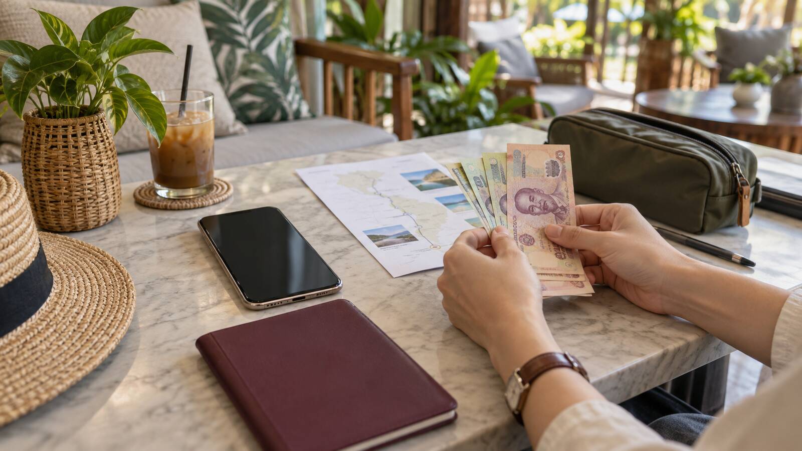 旅客在桌面整理越南盾、手機與行程資料的越南旅遊預算規劃示意情境