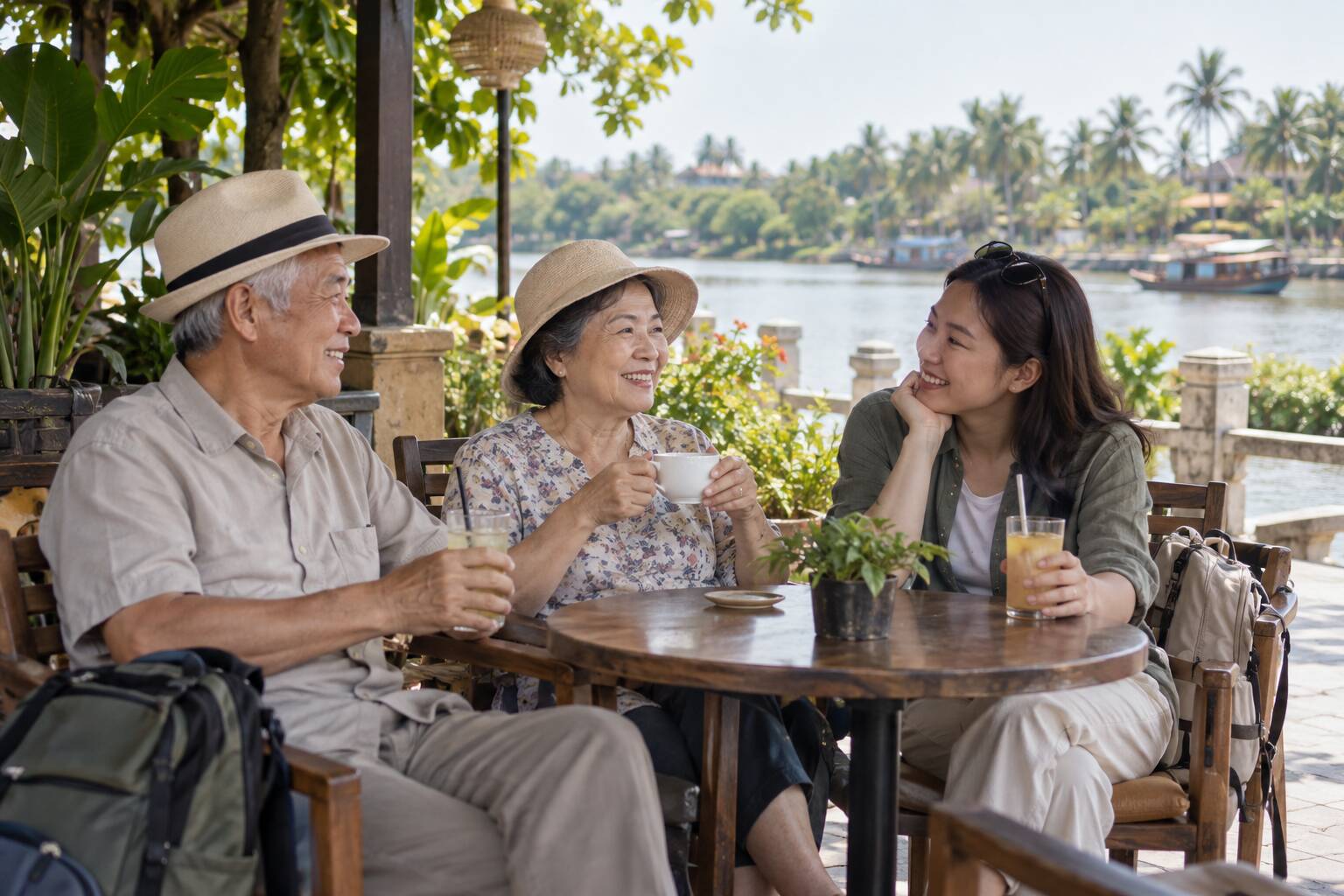 年長旅客與家人在有遮蔭的座位休息
