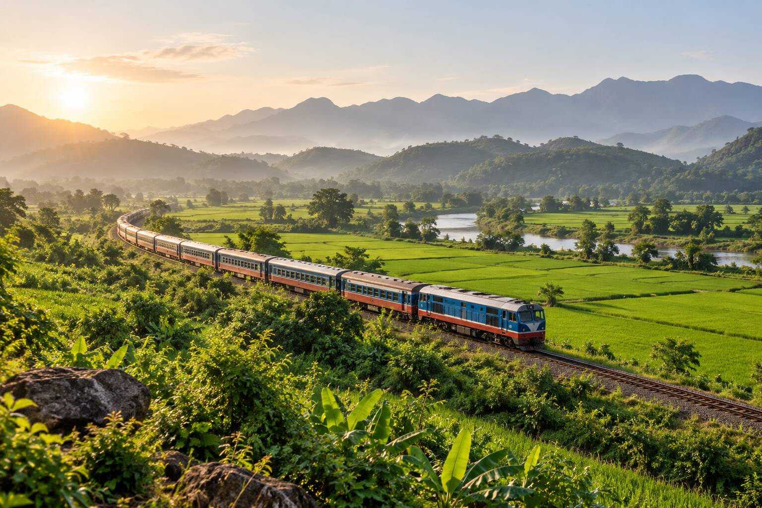 列車行經綠色田野的旅行概念畫面