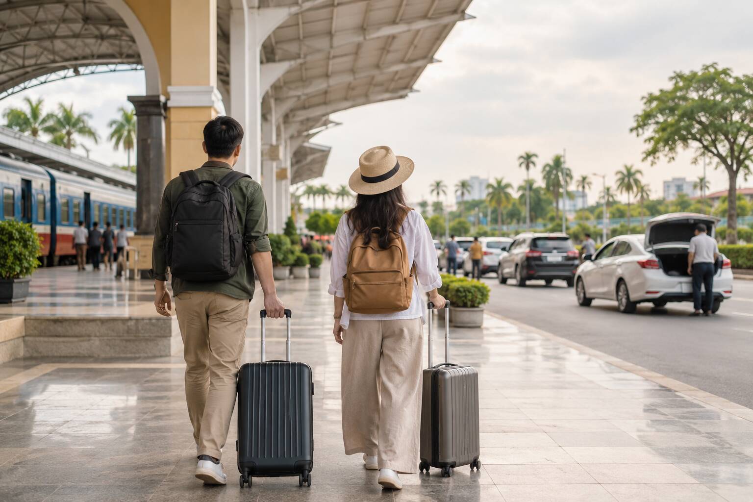旅客攜帶行李由火車站步行轉乘的概念畫面